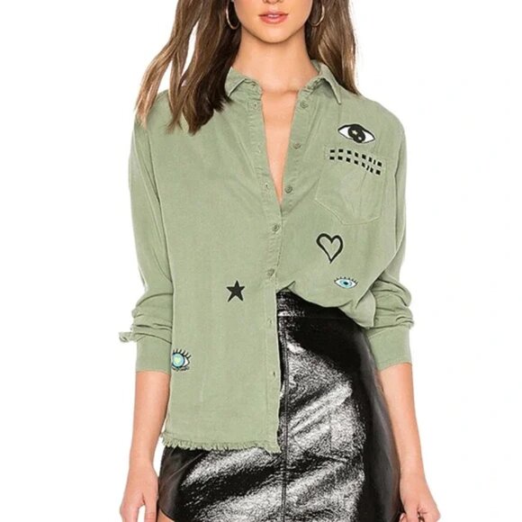 Lauren Moshi Tops - Lauren Moshi Green Button Up Top Womens XSmall Eye Heart Army Fringe Stud